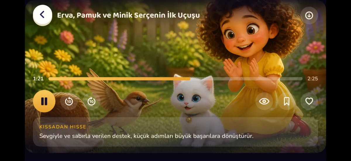Masal oynatıcı: sağ üstte indirme düğmesi, altta kıssadan hisse