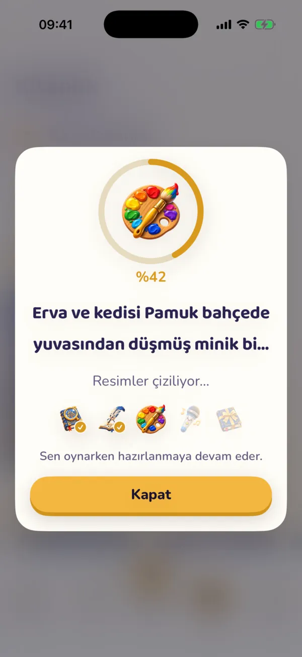 Masal hazırlanırken ilerleme ekranı: resimler çiziliyor